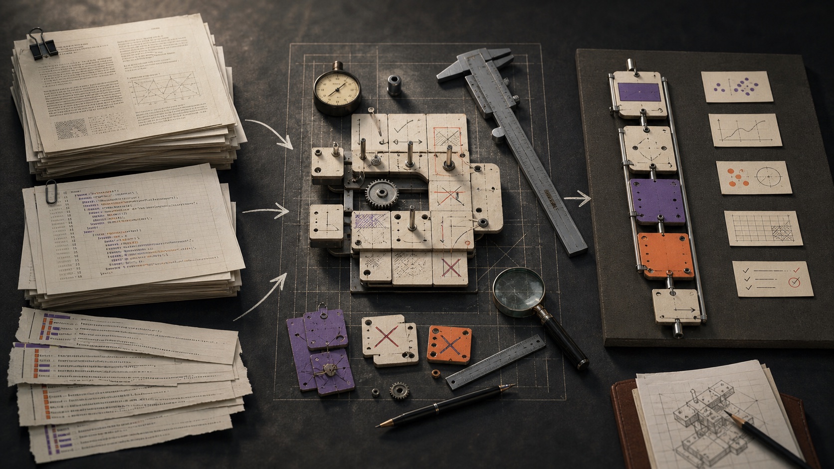 Research, code, and session transcripts being measured and refined into a working system